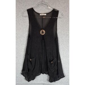 Paradise Sweater Vest Womens Medium‎ Black Boho Knit Pockets Button Pullover Top